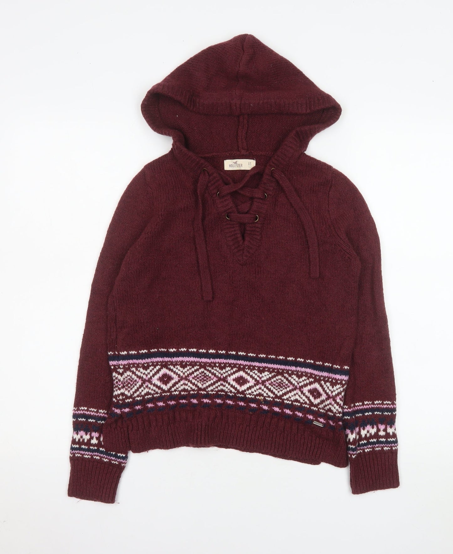 Hollister Womens Burgundy Fair Isle Hooded Pullover Sweater XS