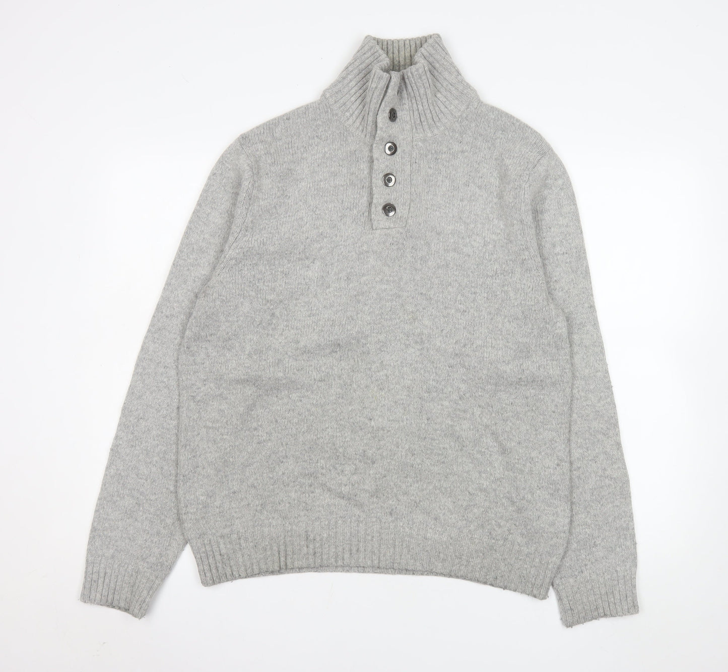 Lands' End Men's Grey Wool Blend High Neck Henley Jumper M
