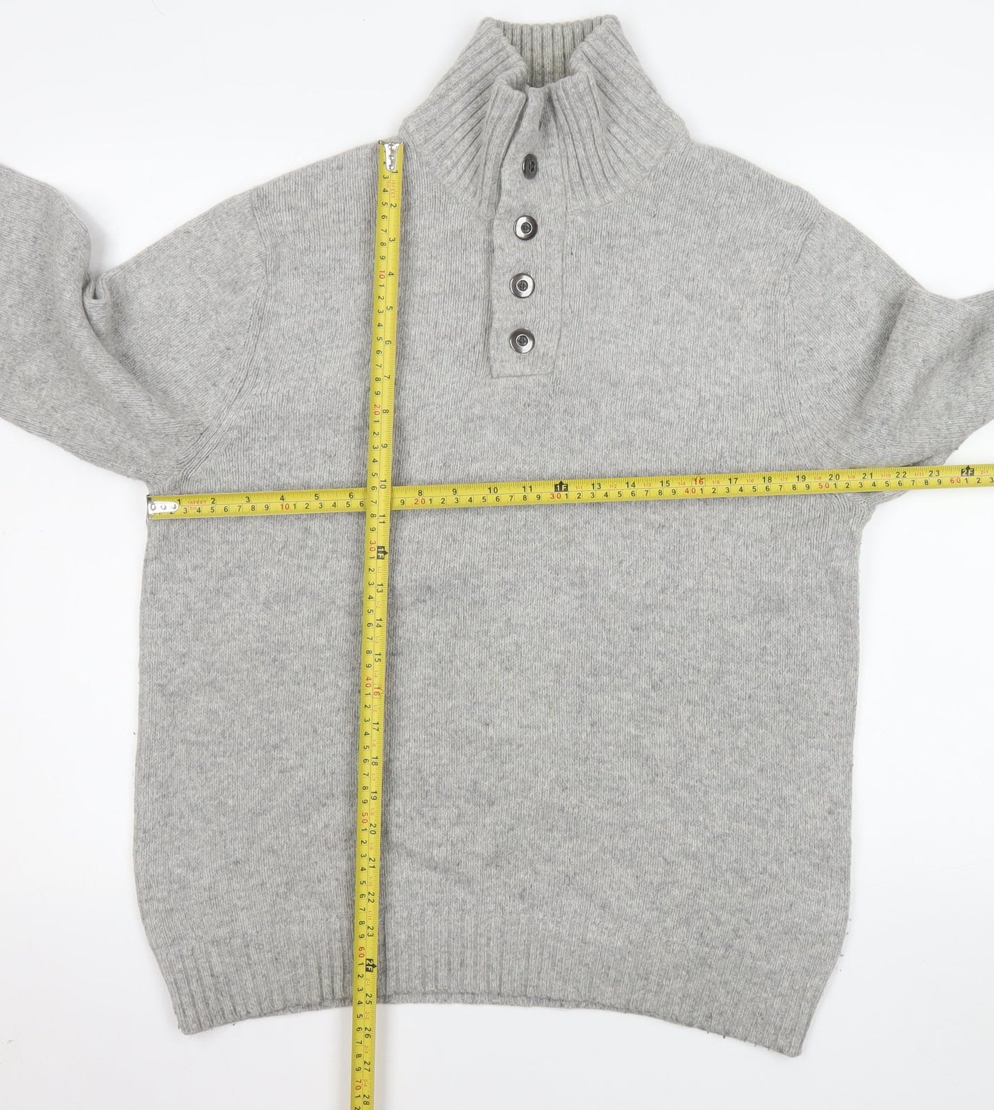 Lands' End Men's Grey Wool Blend High Neck Henley Jumper M
