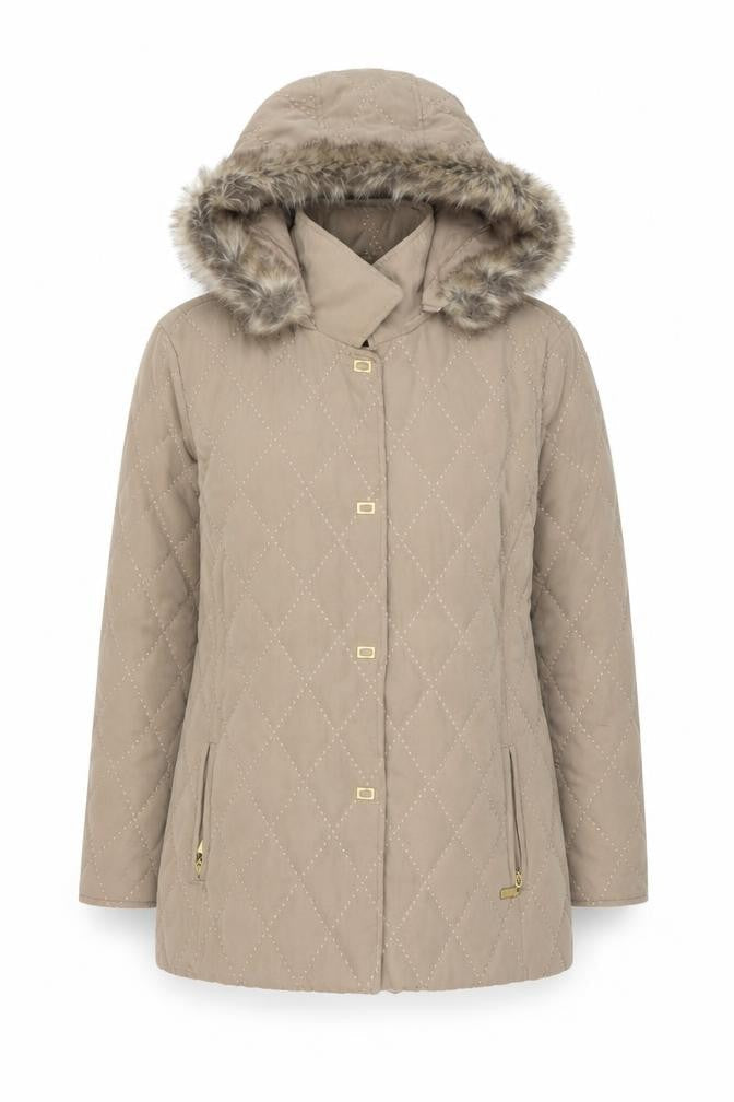 E Womens Beige Quilted Mid-Length Hooded Coat UK 12