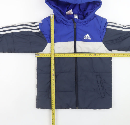 Adidas Boys Blue Colourblock Hooded Puffer Jacket 5-6 Years