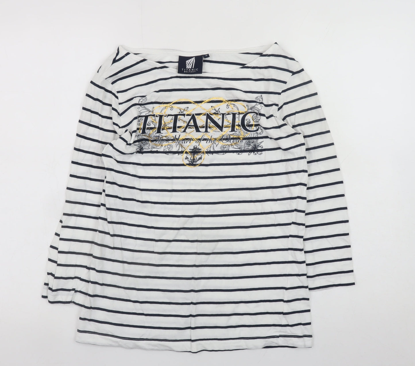 Titanic Belfast Women White Striped Nautical 3/4 Sleeve Cotton T-Shirt M