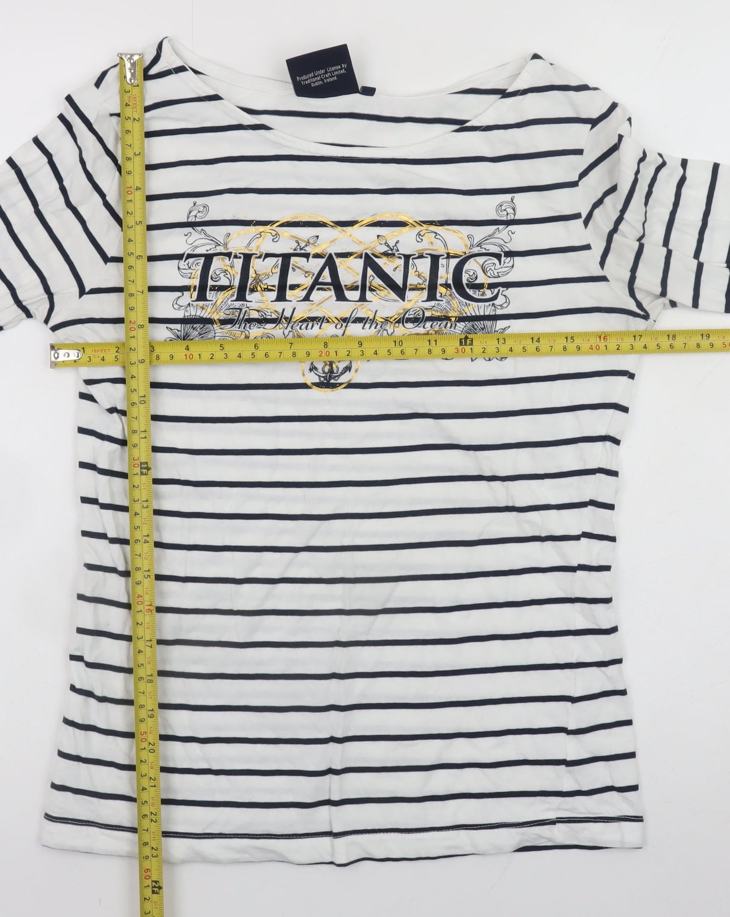 Titanic Belfast Women White Striped Nautical 3/4 Sleeve Cotton T-Shirt M