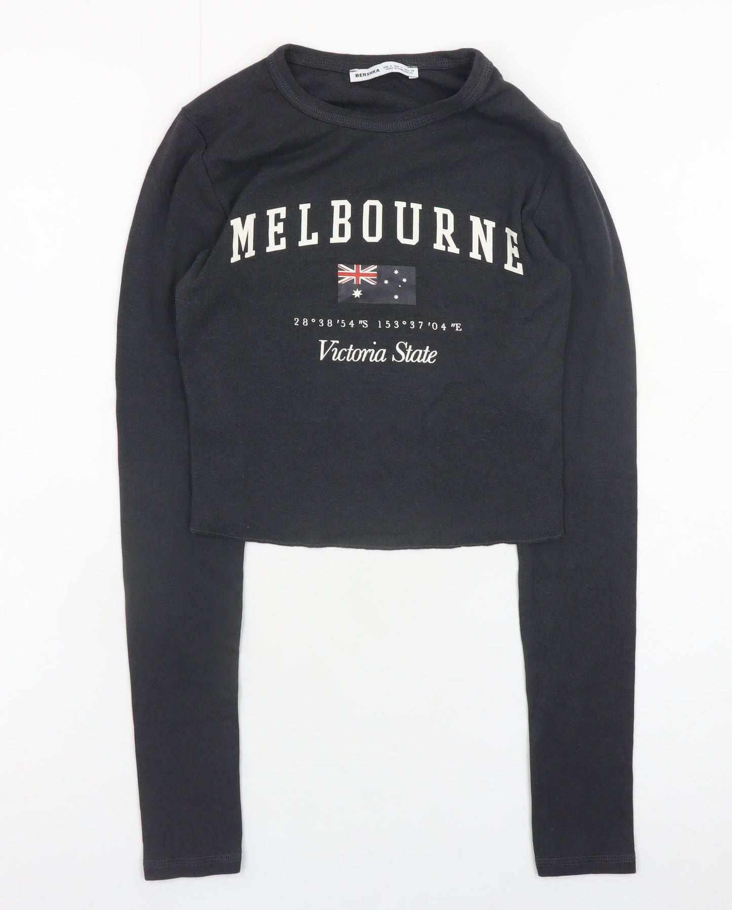 Bershka Womens Black Cropped Long Sleeve Melbourne T-Shirt Size S