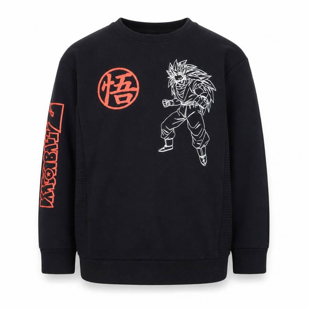 Front view of Dragon Ball Z boys’ black sweatshirt 11-12 years graphic print crew neck