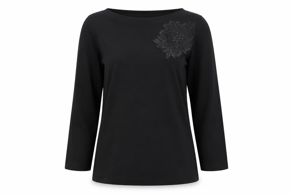 Marks and Spencer Women Black UK 12 Long Sleeve Top with Floral Applique
