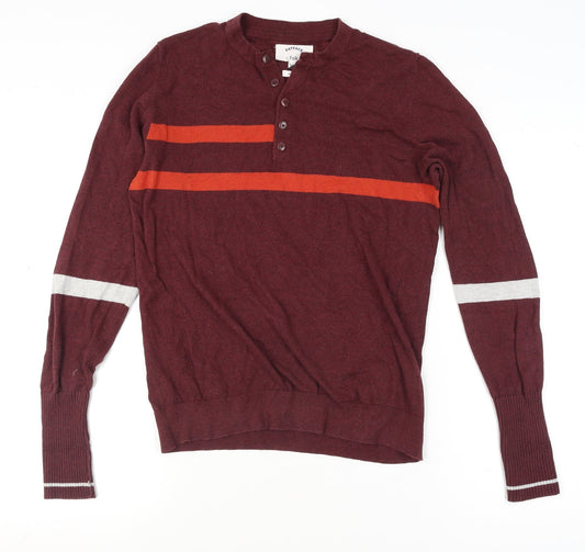 FatFace Men's Red Henley Jumper M Striped Cotton Classic Knit