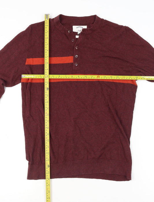 FatFace Men's Red Henley Jumper M Striped Cotton Classic Knit