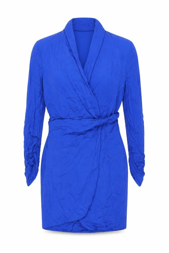 Zara Women Blue Viscose Wrap Dress Size 12 Long Sleeve Short Belted