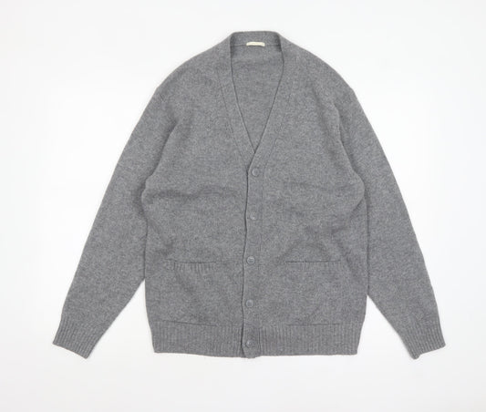 GU Men's Grey Wool Blend Cardigan M V-Neck Knit Jumper