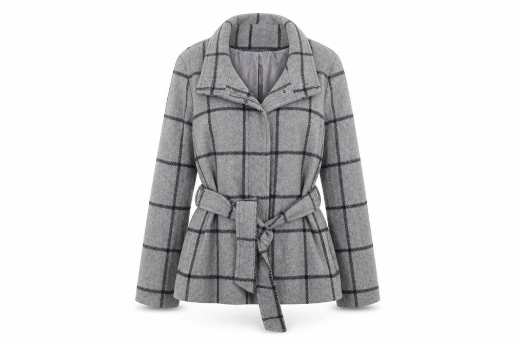 Jasper Conran Women's Grey Check Wool Belted Mid-Length Coat Size 10