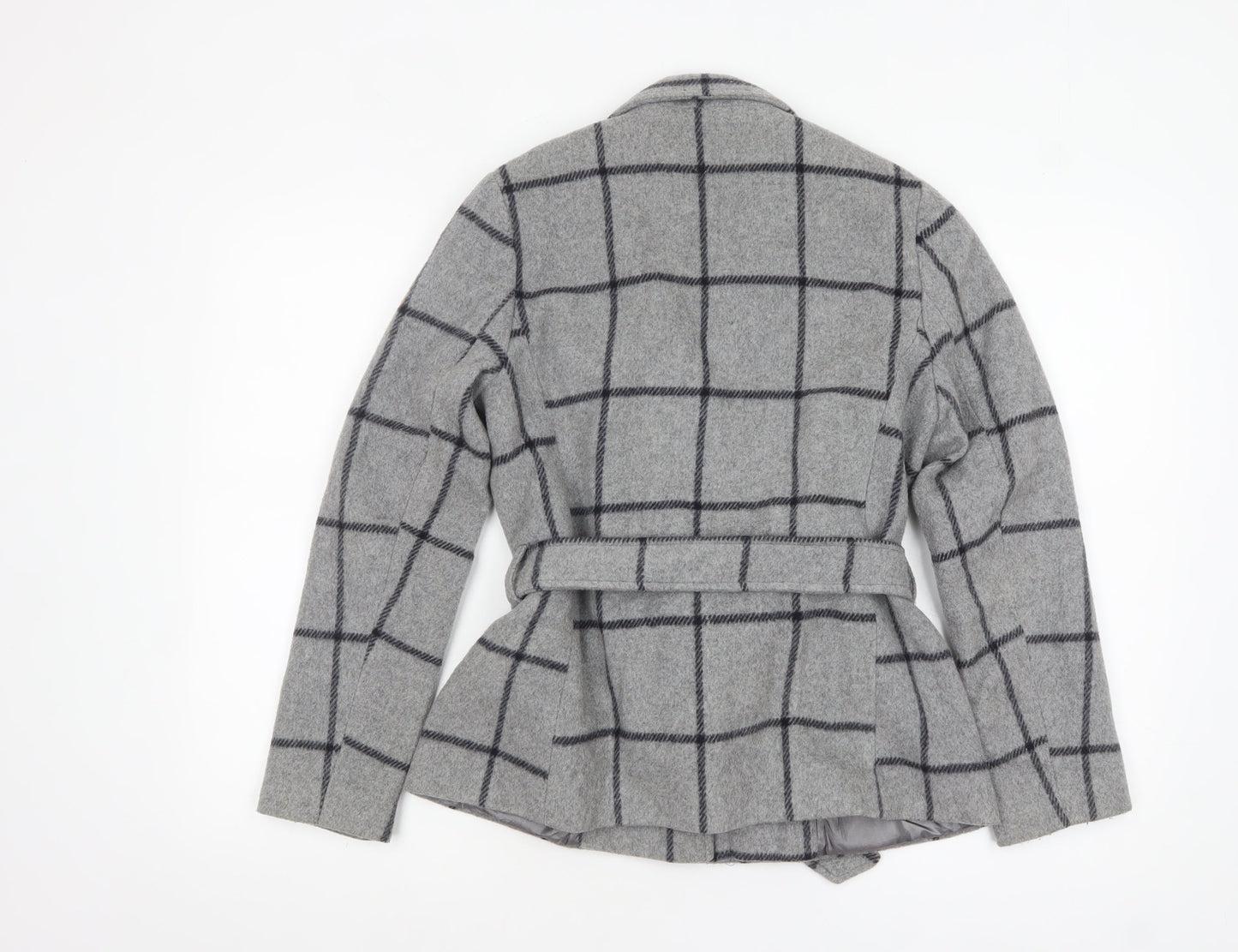 Jasper Conran Women's Grey Check Wool Belted Mid-Length Coat Size 10