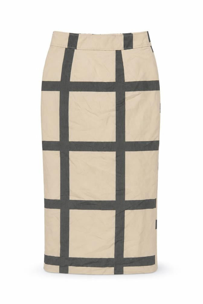 Front view of ASOS DESIGN Women's Beige Check Midi Pencil Skirt, size 10