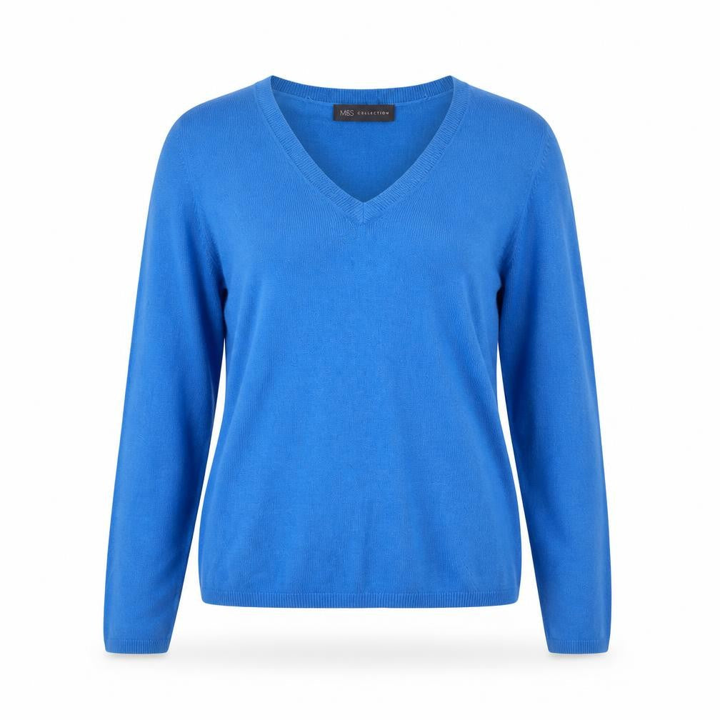 Marks and Spencer Women's Blue V-Neck Acrylic Jumper Size 12
