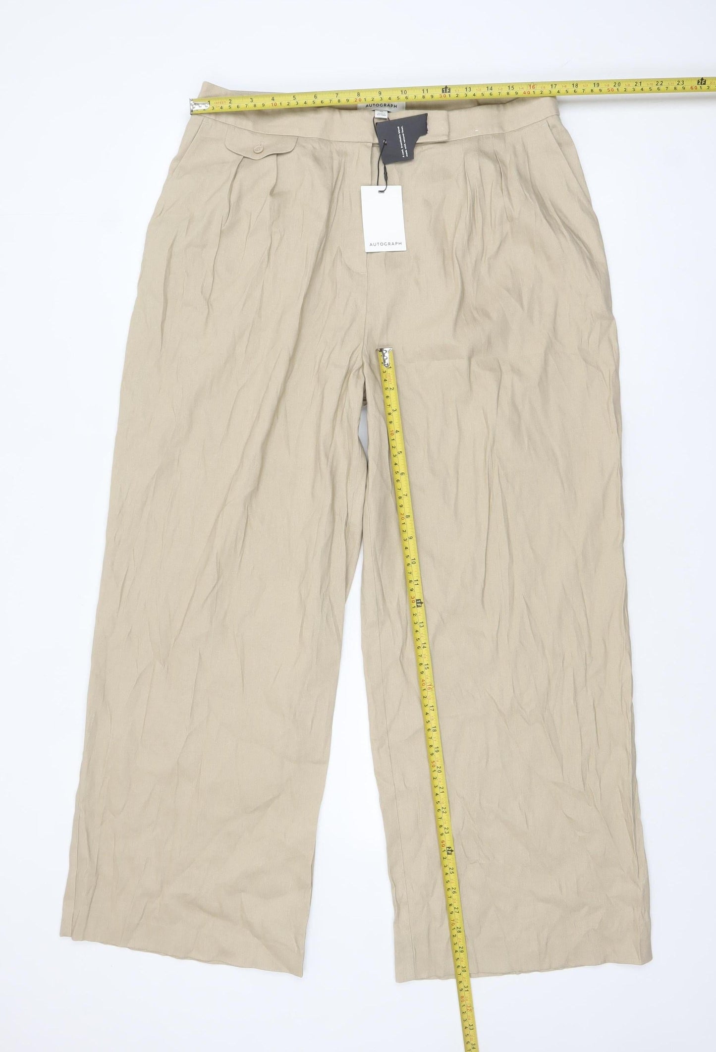 Marks and Spencer Women Beige Linen Blend Wide-Leg Trousers Size 16