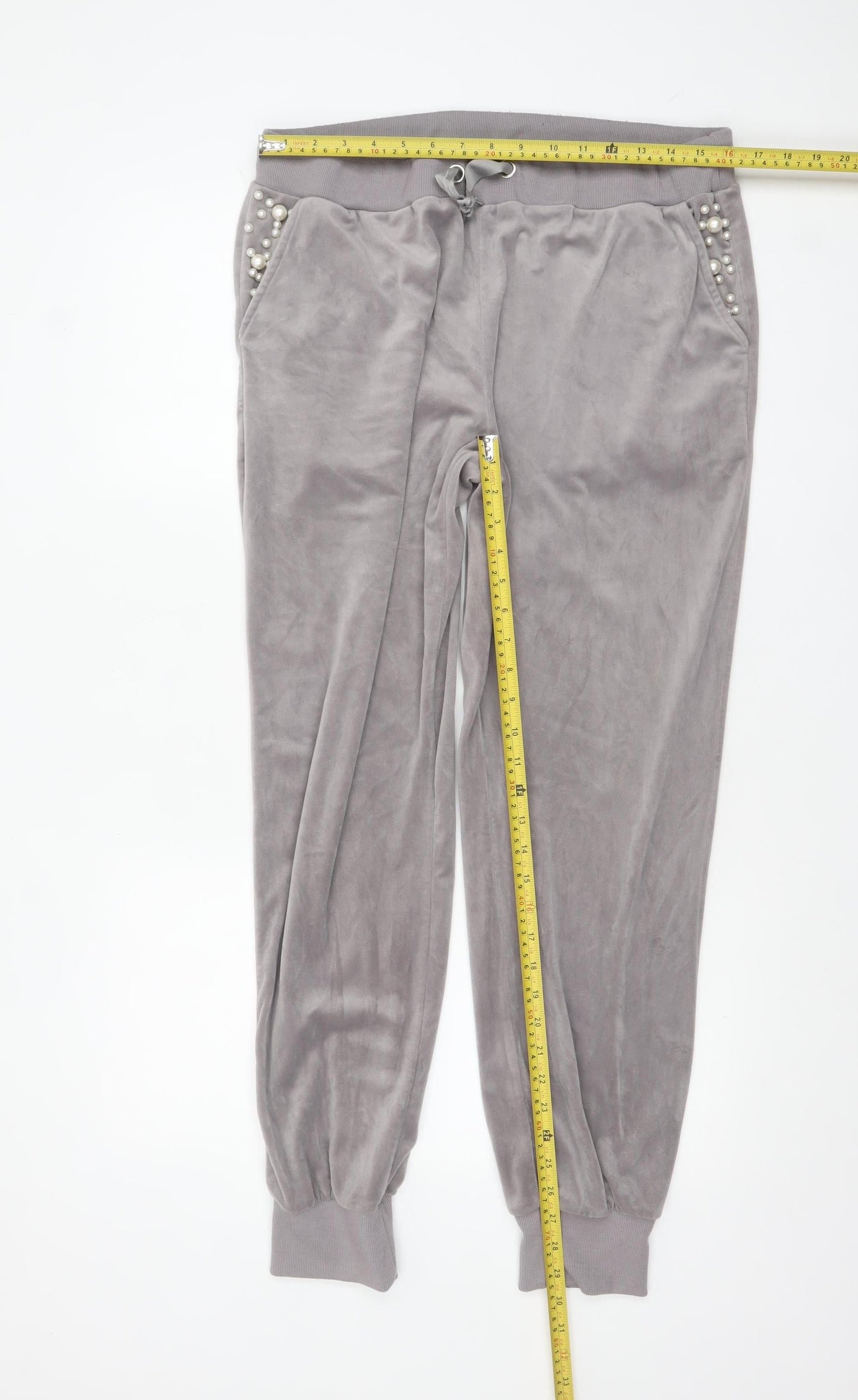 JYI London Womens Grey Velour Pearl Jogger Trousers 3XL