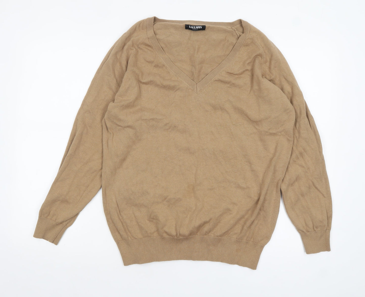 Kallspin Men’s Beige Cotton V-Neck Pullover Jumper Size L