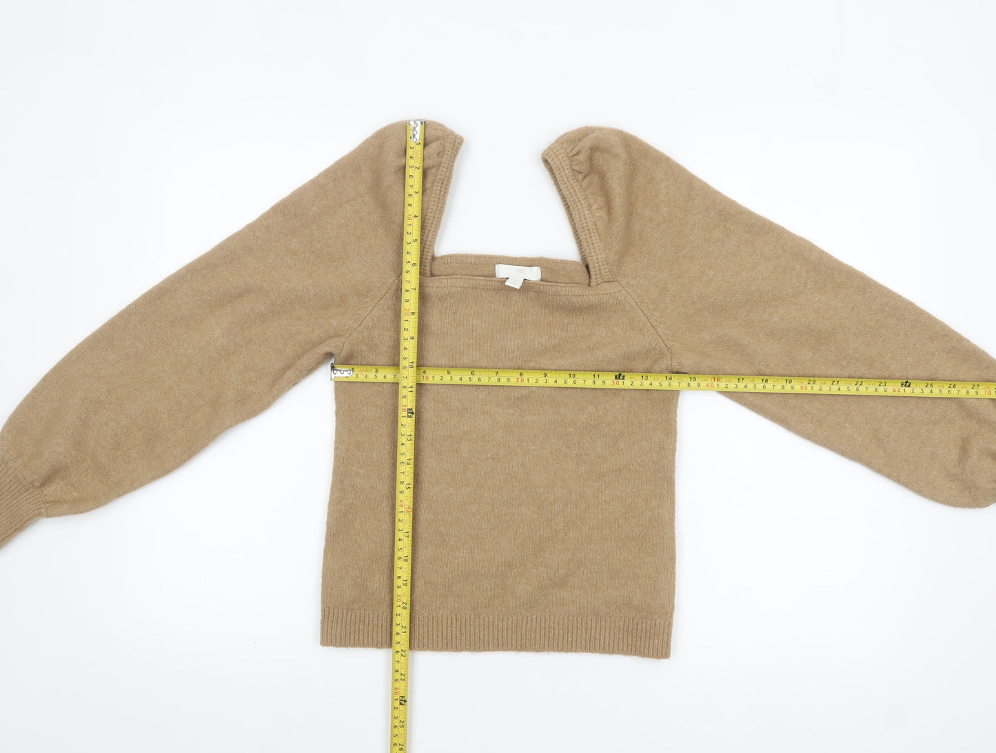H&M Women Beige Square Neck Wool Blend Puff Sleeve Jumper Size S