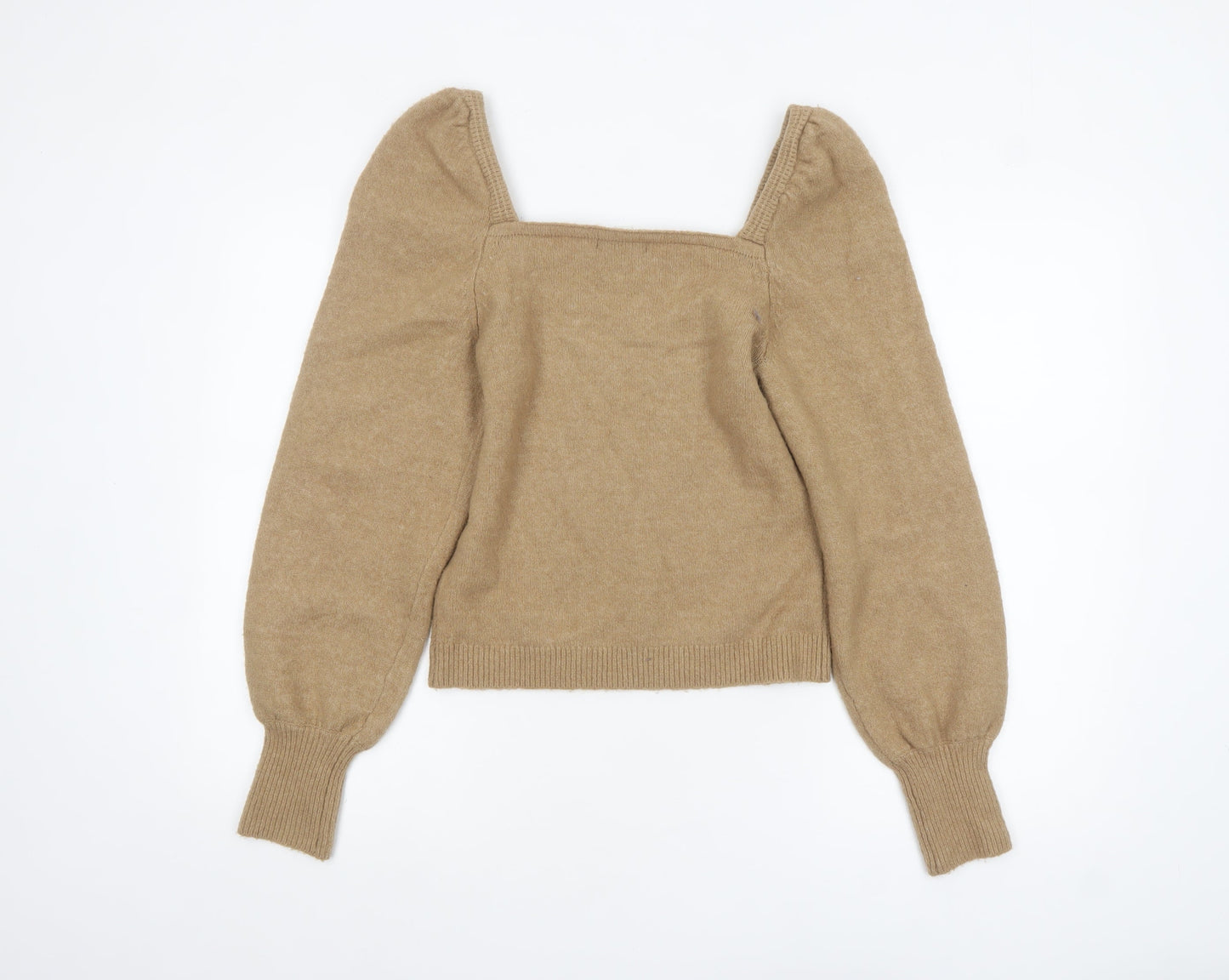 H&M Women Beige Square Neck Wool Blend Puff Sleeve Jumper Size S