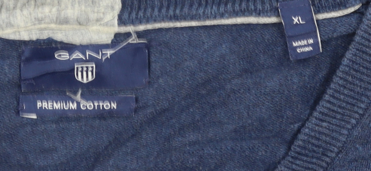 Gant Men's Blue XL V-Neck Cotton Pullover Jumper
