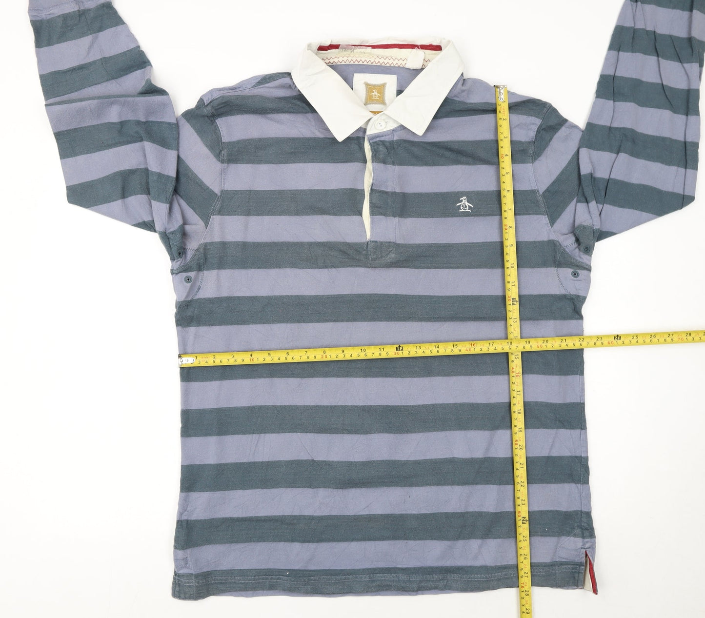 Original Penguin Men's Blue Striped Long Sleeve Polo Shirt 2XL Cotton