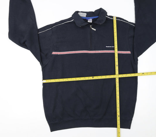 Reebok Men's Blue L 1/4 Zip Henley Sweatshirt Striped Logo Sportswear