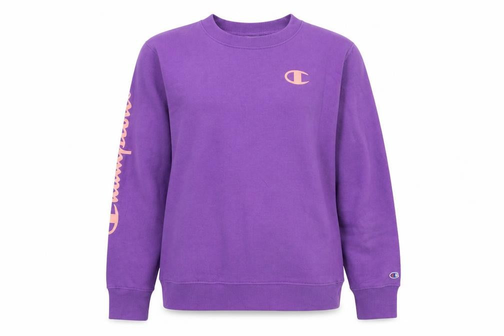 Front view of Champion girls’ purple crew neck sweatshirt, size L, cotton blend logo print
