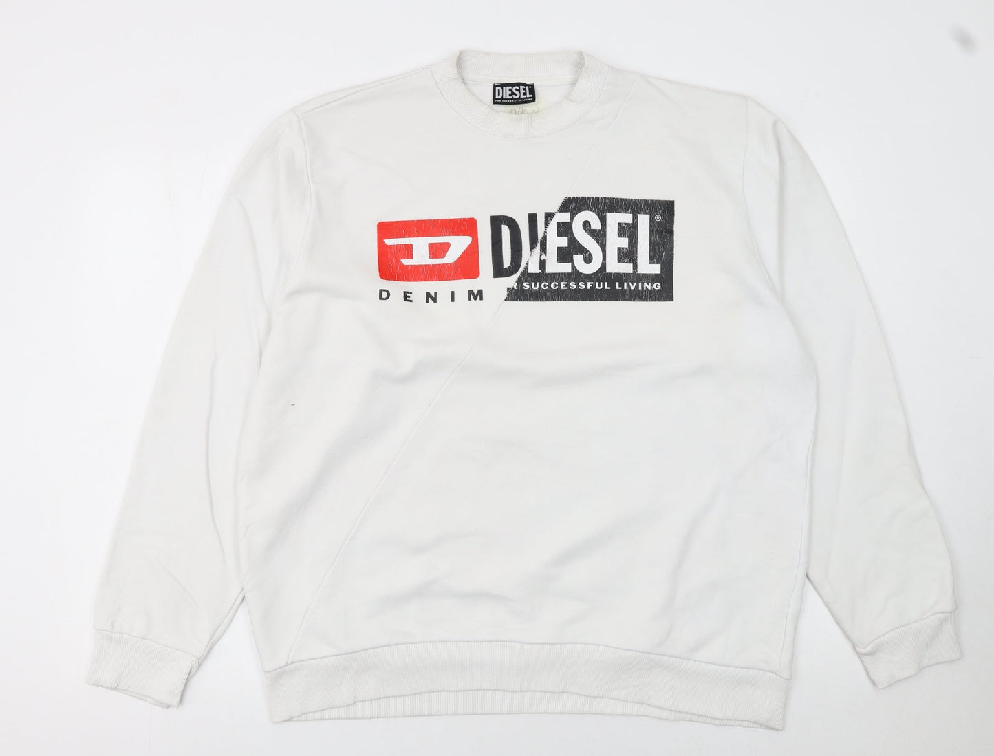 Diesel Mens White XL Pullover Sweatshirt Graphic Print Logo Jumper