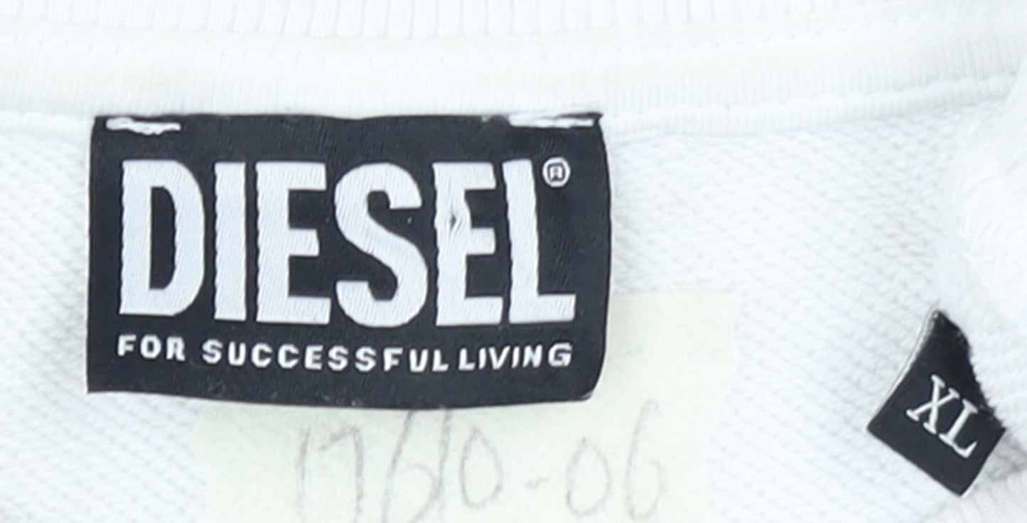Diesel Mens White XL Pullover Sweatshirt Graphic Print Logo Jumper