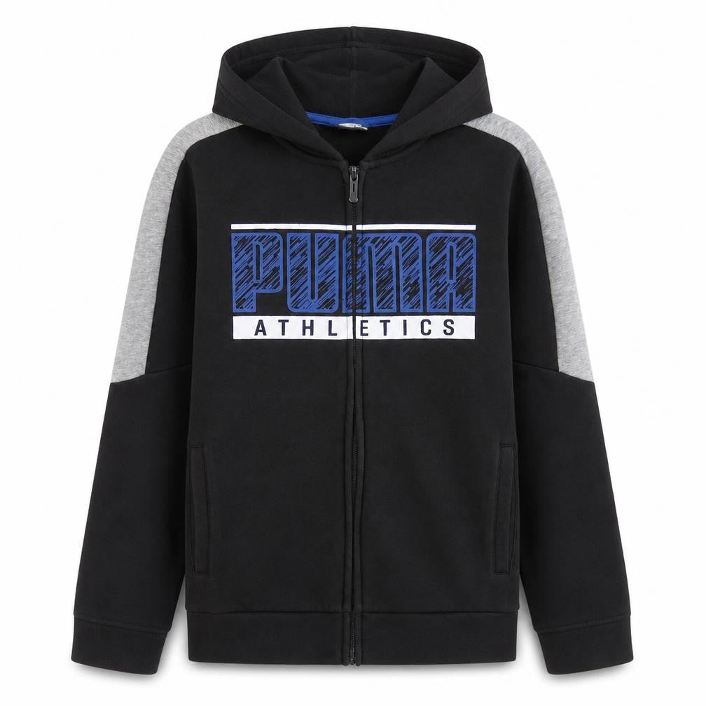 Front view of Puma boys’ black full zip hoodie 13-14 years athletic fleece sweatshirt