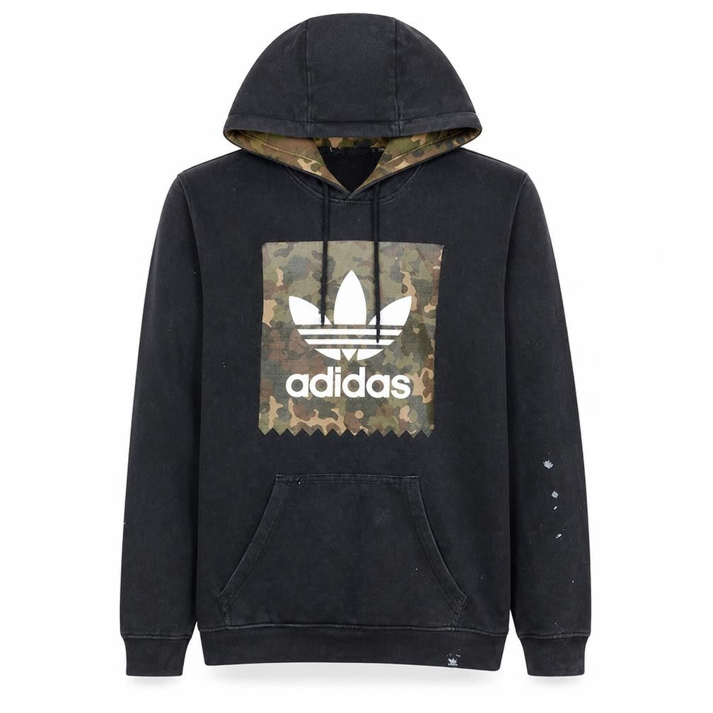 Front view of Adidas men’s black camo logo pullover hoodie, size S