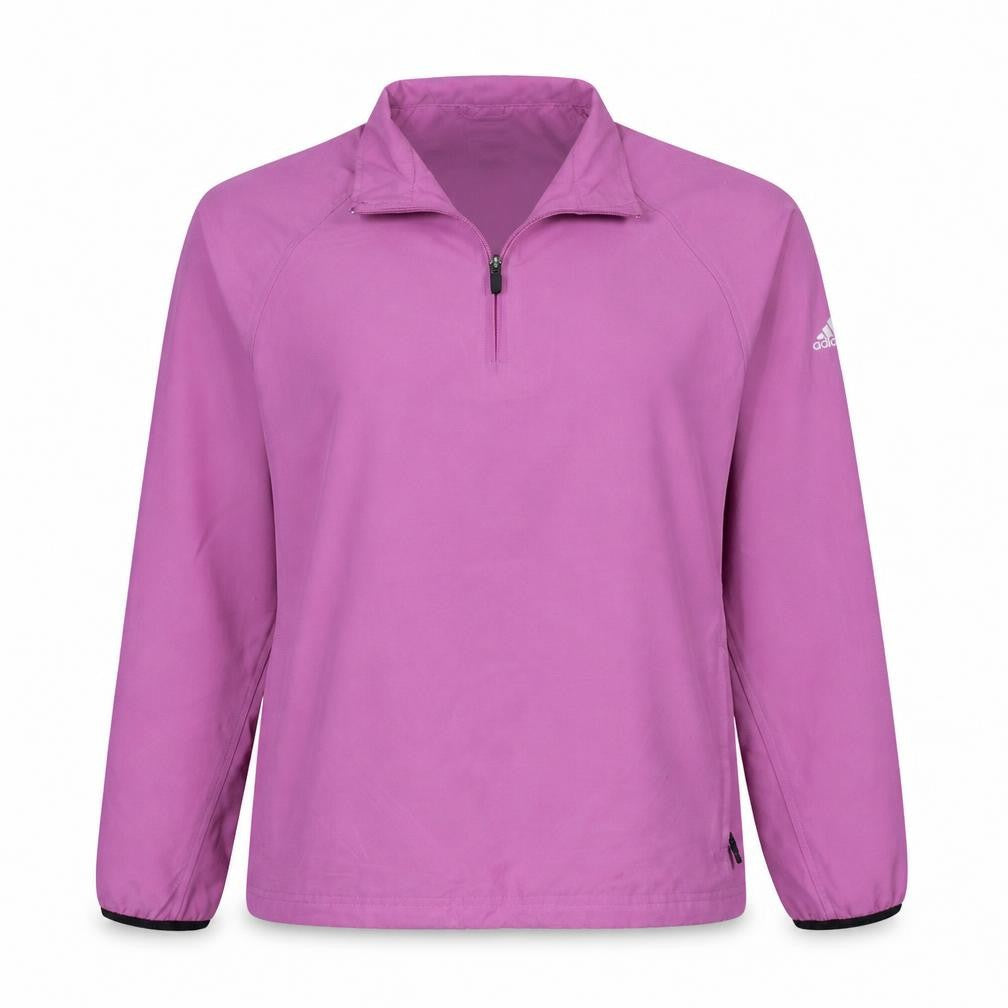 Front view of Adidas women’s pink 1/4 zip pullover sweatshirt, size L, polyester