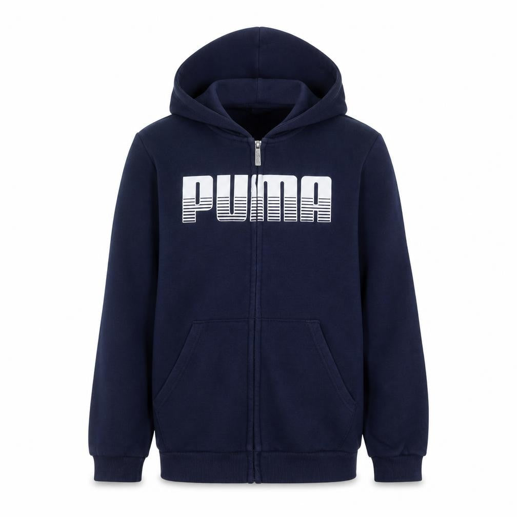 Front view of Puma boys’ blue full zip hoodie 13-14 years fleece logo sweatshirt