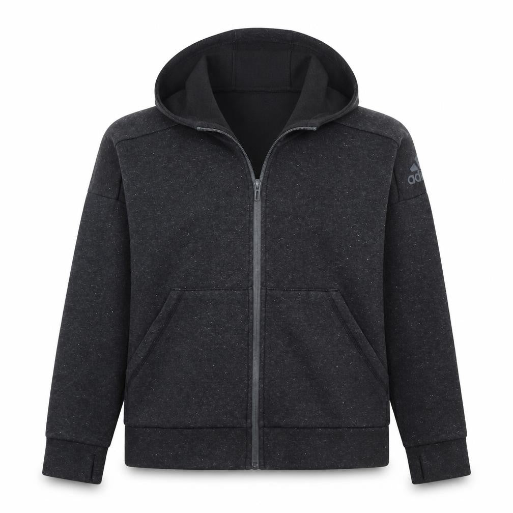 Front view of Adidas boys’ black full zip hoodie 13-14 years regular fit fleece