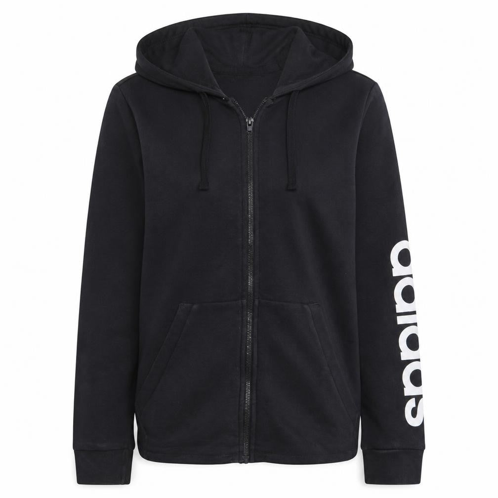 Front view of Adidas Women's Black Full Zip Hoodie M Logo Sleeve Casual Sweatshirt