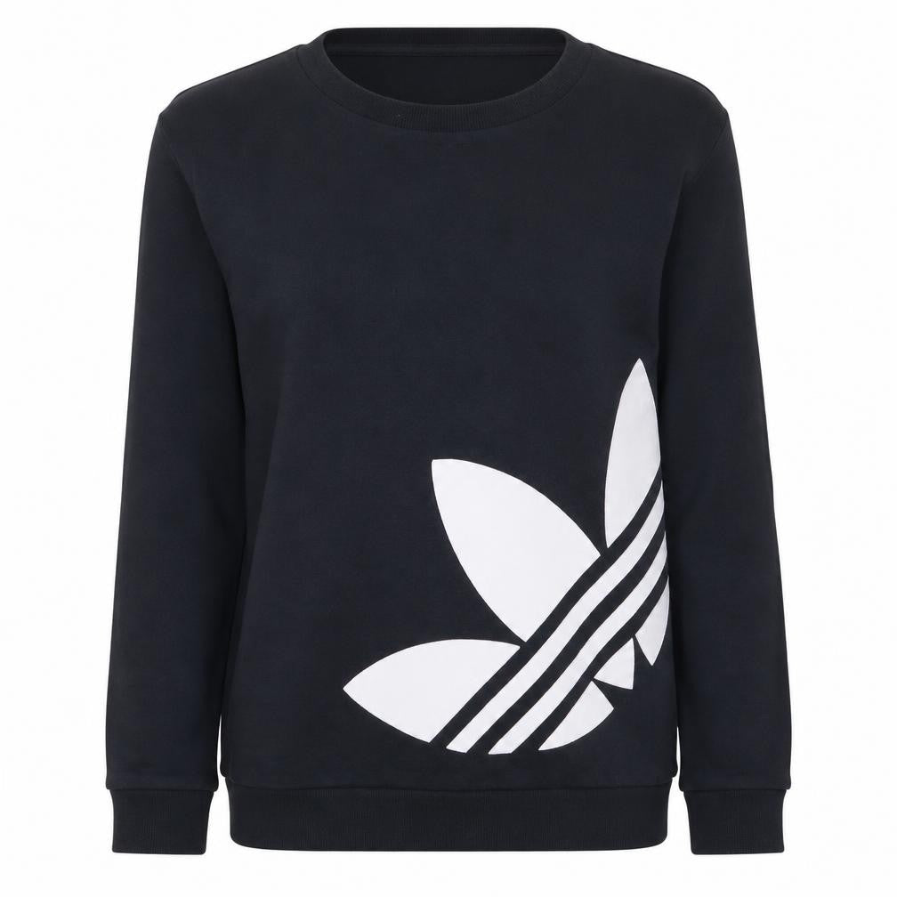 Front view of Adidas women’s black crew neck pullover sweatshirt, size XS