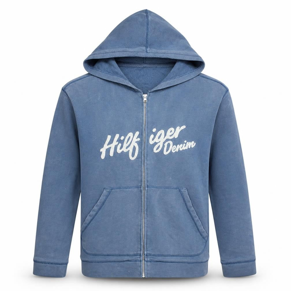 Tommy Jeans Mens Blue Full Zip Hoodie L Logo Graphic Sweatshirt