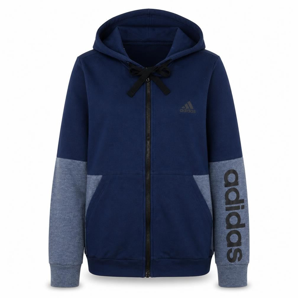 Front view of Adidas women’s navy full zip hoodie sweatshirt m blue logo casual