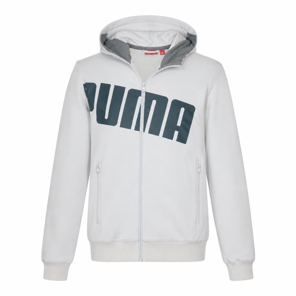 Front view of Puma Men's White Full Zip Hoodie, size S, Sports Logo Sweatshirt