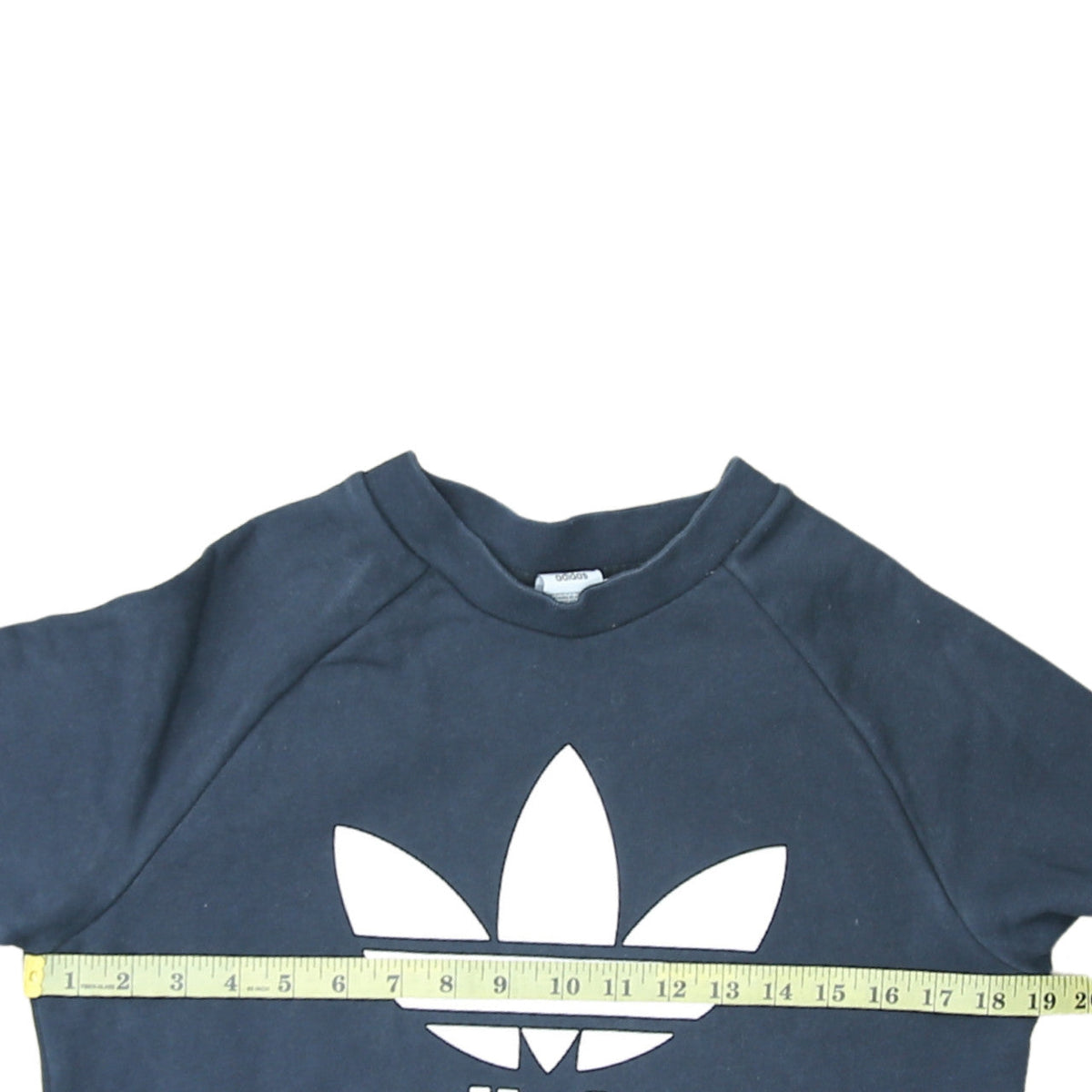 Back view of Adidas Women’s Blue Logo Crew Neck Pullover Sweatshirt, size UK 14