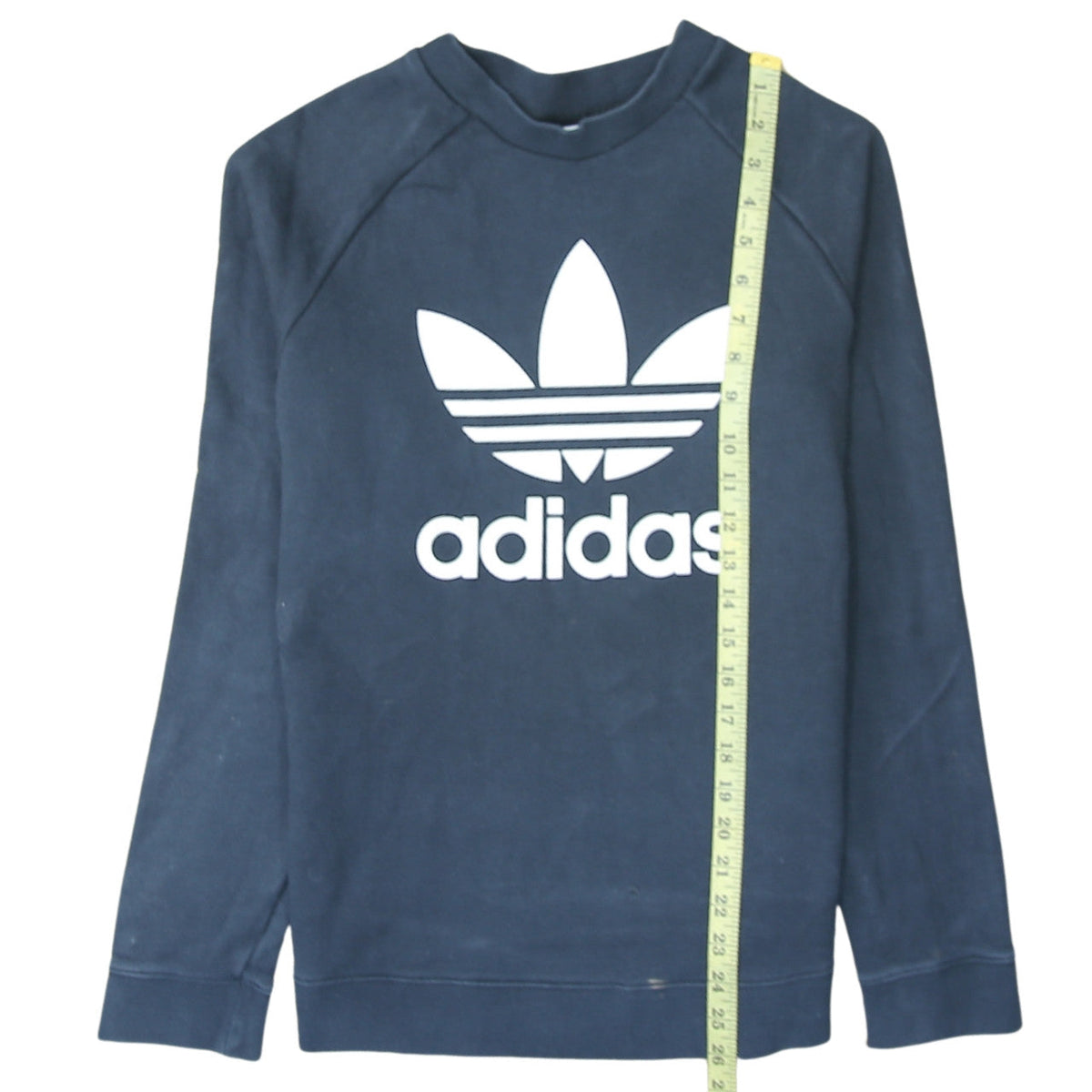 Close-up detail of Adidas Women’s Blue Logo Crew Neck Pullover Sweatshirt, size UK 14