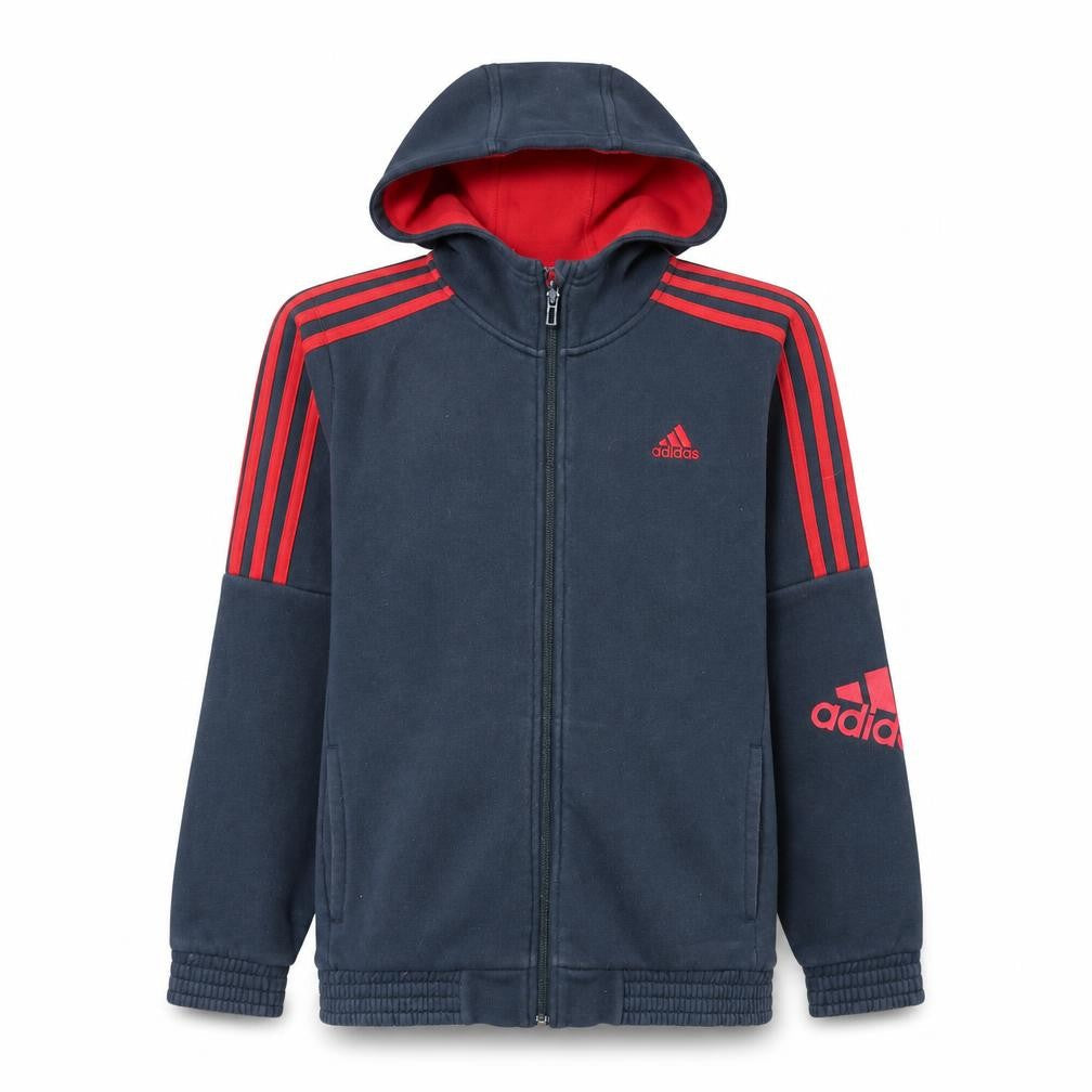 Front view of Adidas boys’ black red full zip fleece hoodie 13-14 years