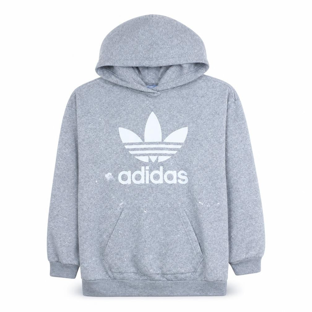 Front view of Adidas Women Grey Hooded Pullover Sweatshirt, size 10, Logo Print