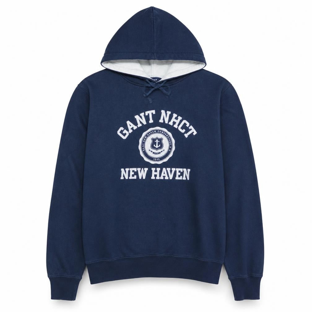 GANT Men's Blue Pullover Hoodie M Embroidered Logo New Haven Cotton