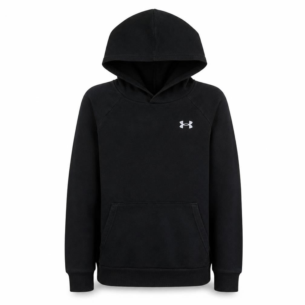 Front view of Under Armour boys’ black pullover fleece hoodie, size 158