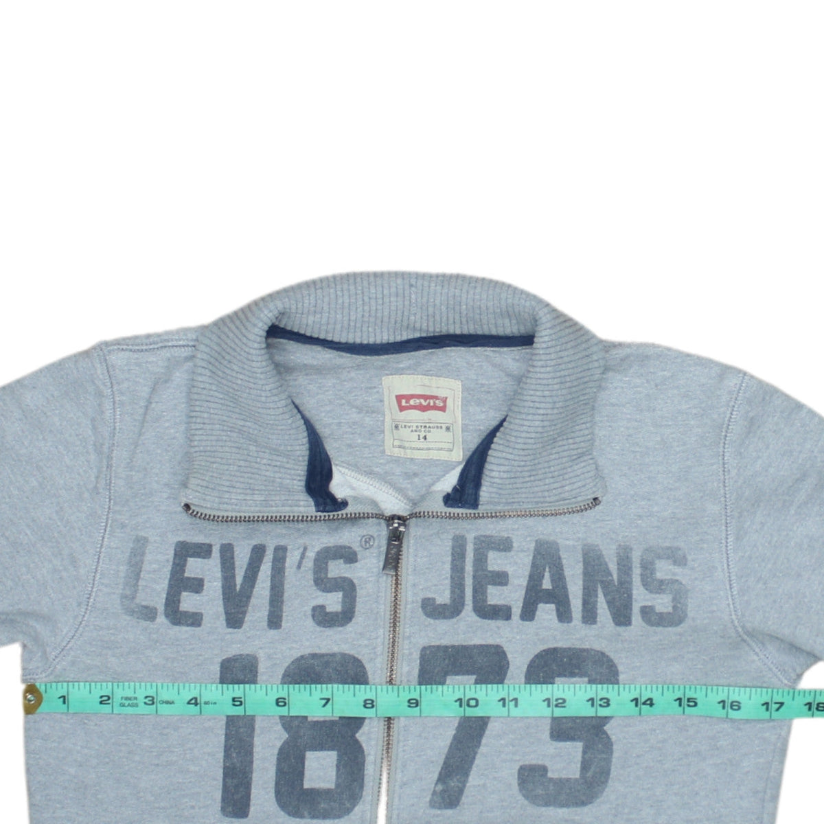 Back view of Levi's boys’ grey full zip fleece sweatshirt, size 14, years