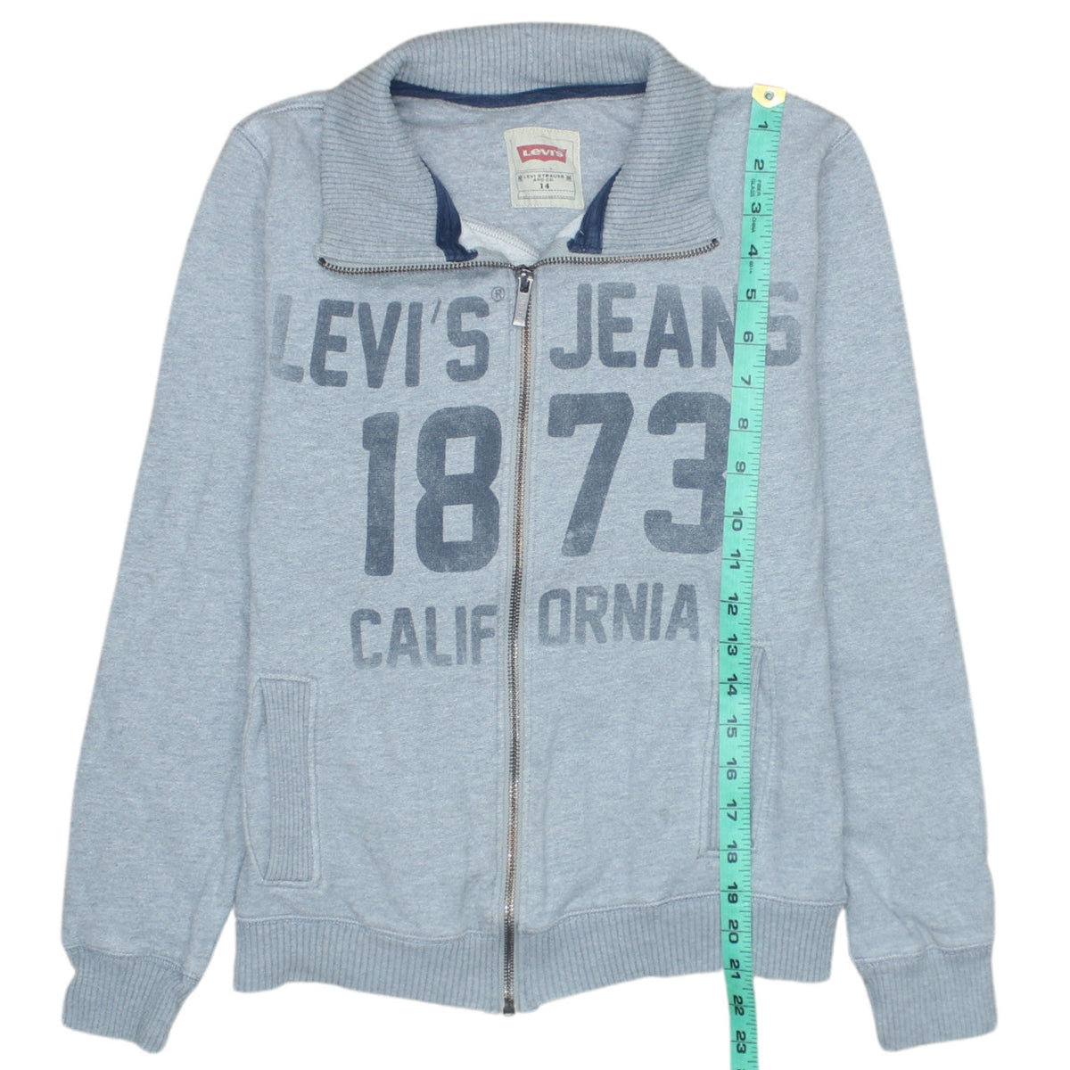 Close-up detail of Levi's boys’ grey full zip fleece sweatshirt, size 14, years