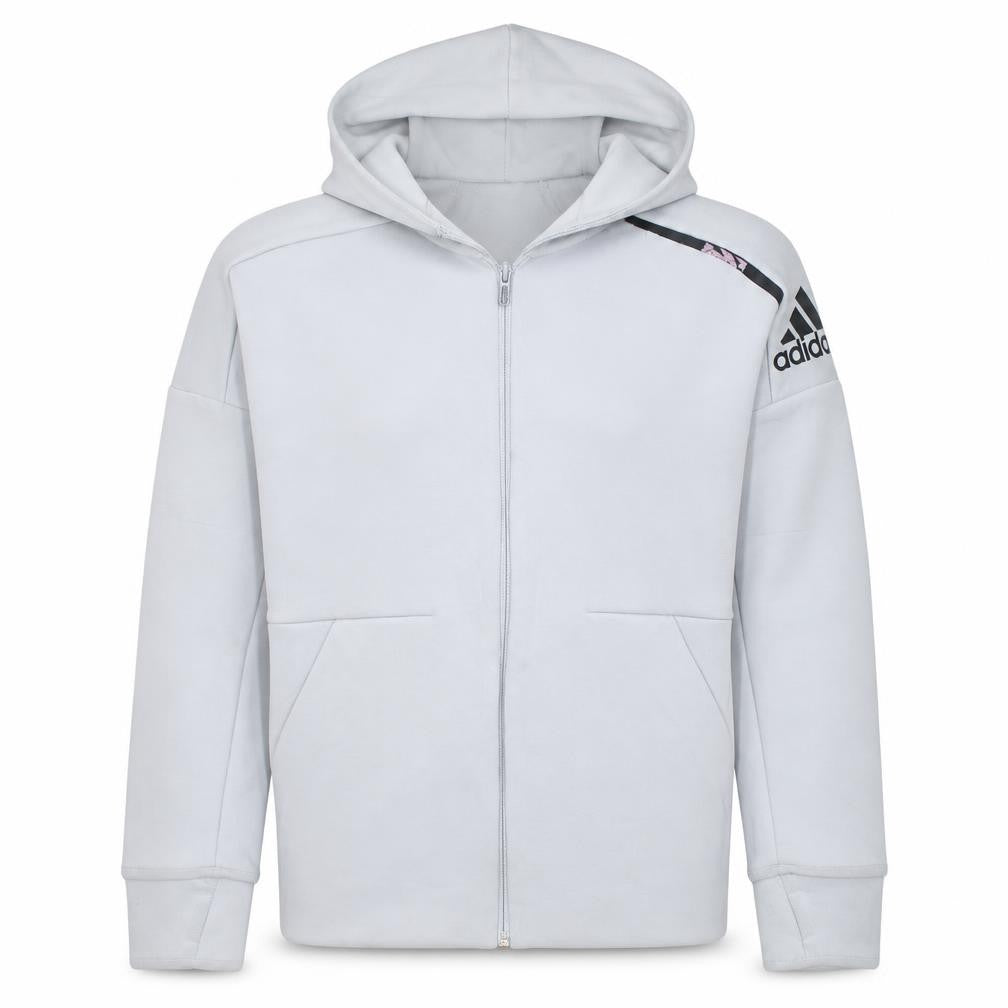 Front view of Adidas boys’ grey full zip hoodie, size 13-14, years hooded logo sportswear