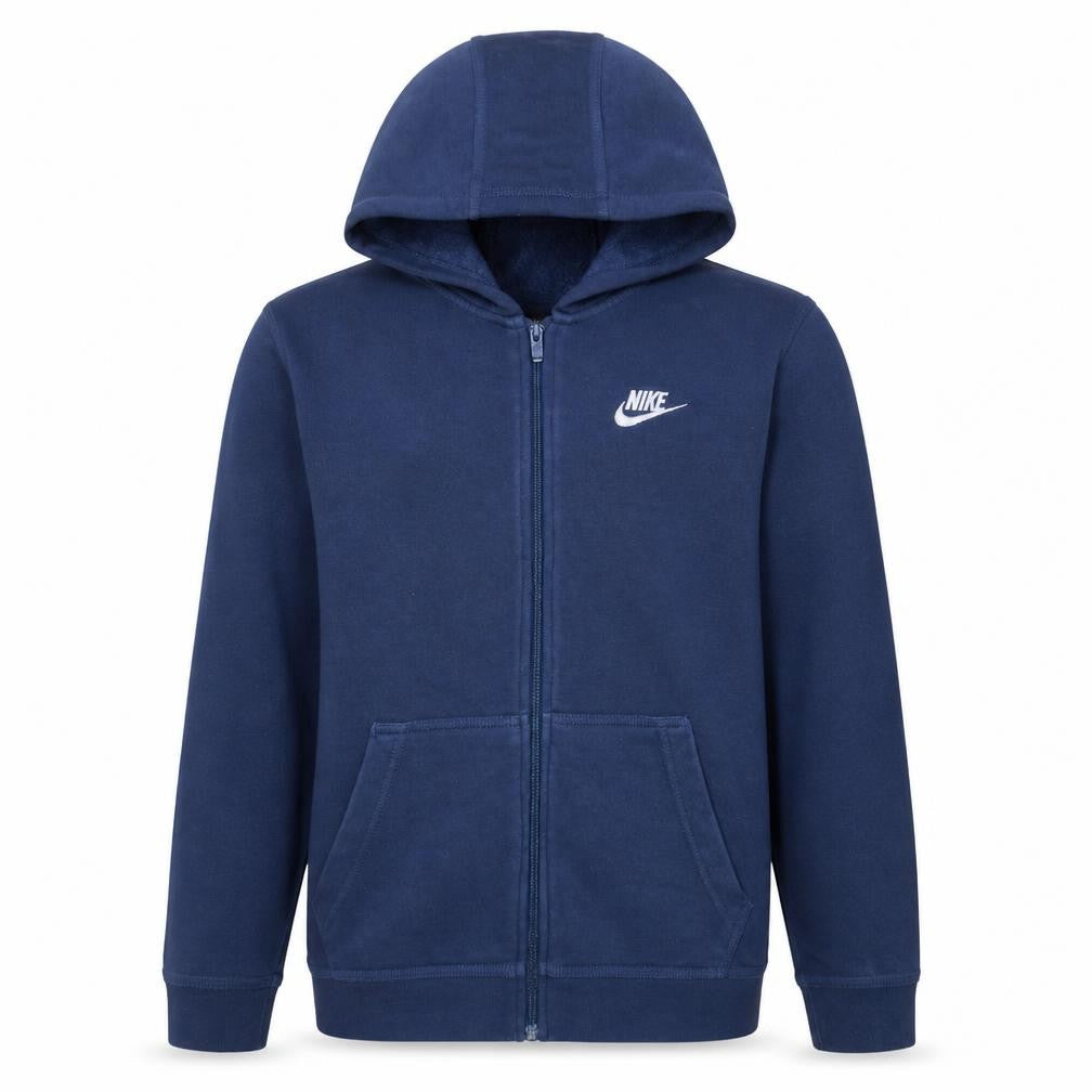 Front view of Nike boys’ blue full zip hoodie xl 158-170cm cotton blend logo design