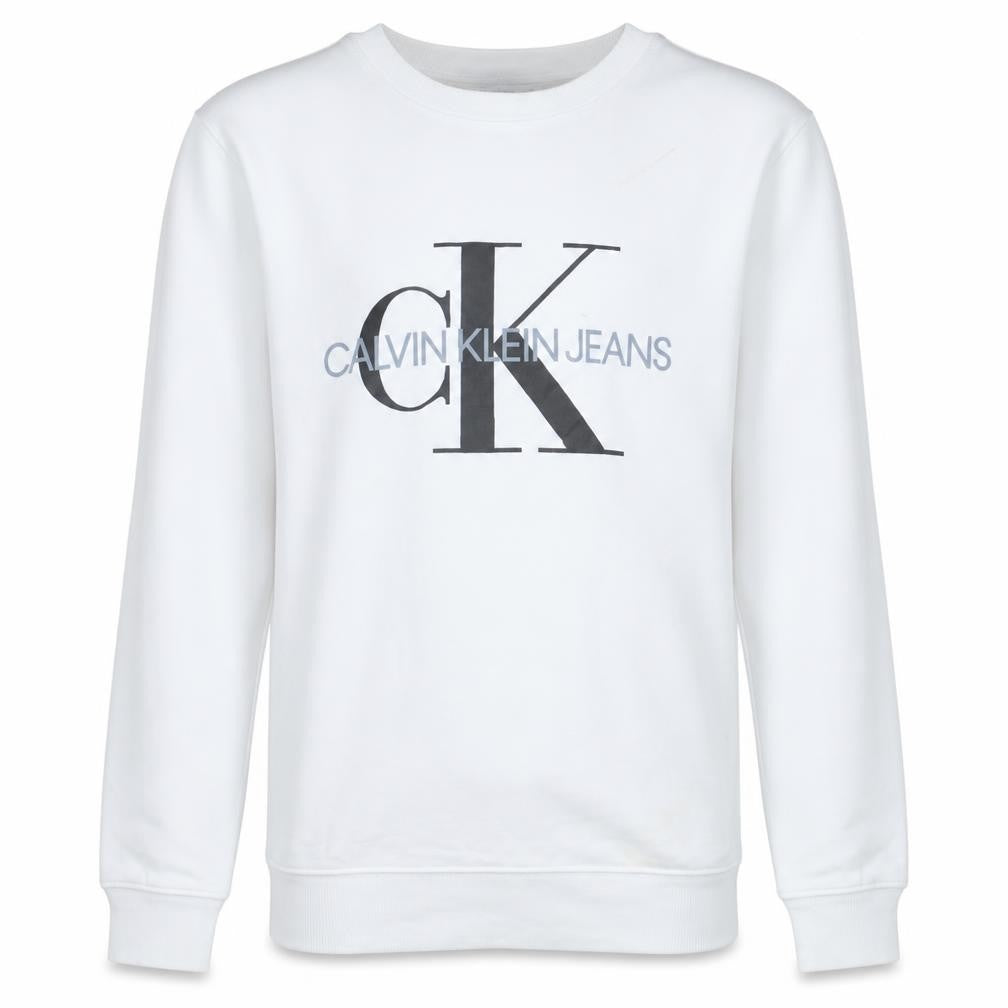 Front view of Calvin Klein Jeans boys’ white logo pullover sweatshirt, size 16, years